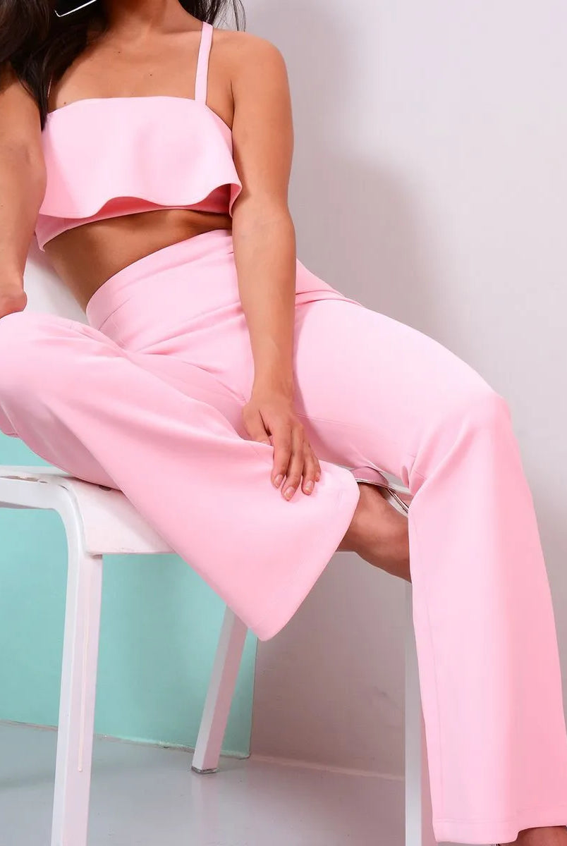 Co-ord With Ruffle Crop Top And Bootleg Trouser