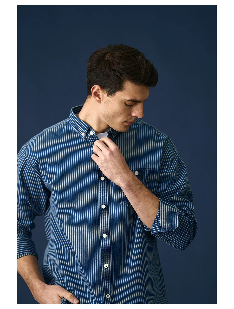 Blue Casual Vertical Striped Denim Men's Shirt Part 2