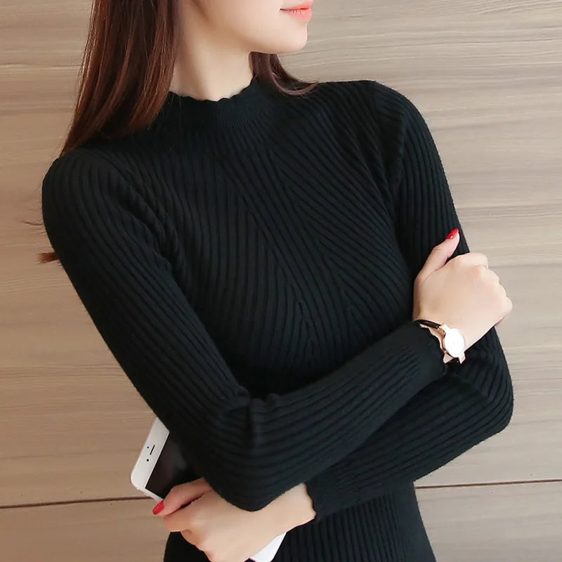 Striped Turtleneck Women's Jumper - Black