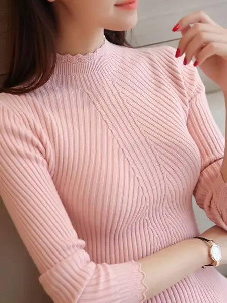 Striped Turtleneck Women's Jumper - Pink