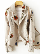 Floral Stylish Women's Leather Jacket in Beige